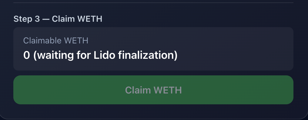 Withdraw tab - claimable amount shown, claim WETH, confirm tx