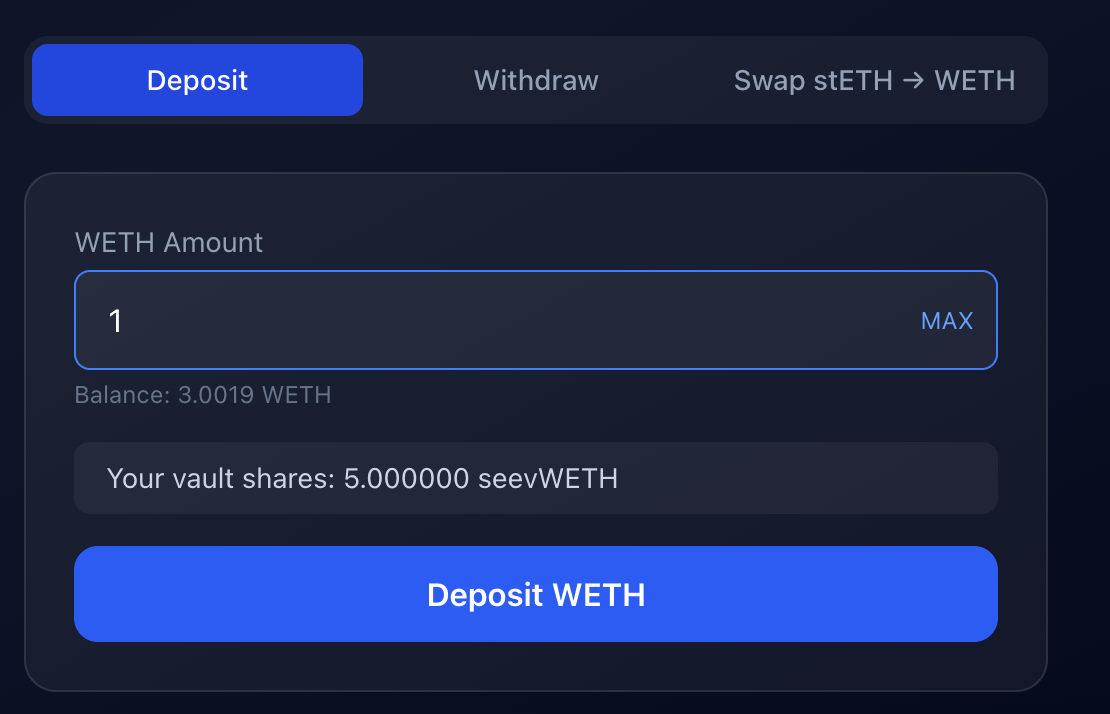 Deposit tab - enter amount, approve, confirm deposit