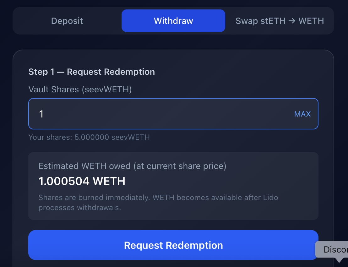 Withdraw tab - enter shares, request redemption, confirm tx