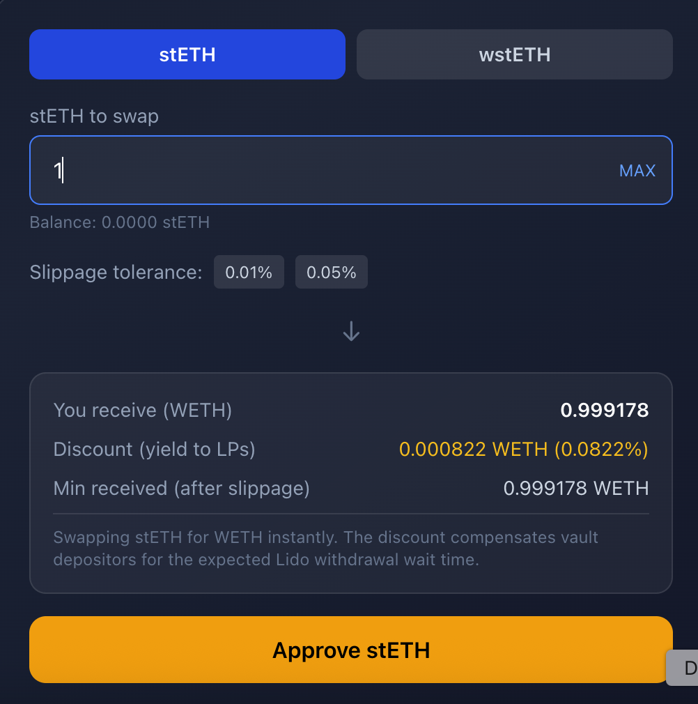 Swap tab - stETH mode, enter amount, see quote, confirm swap