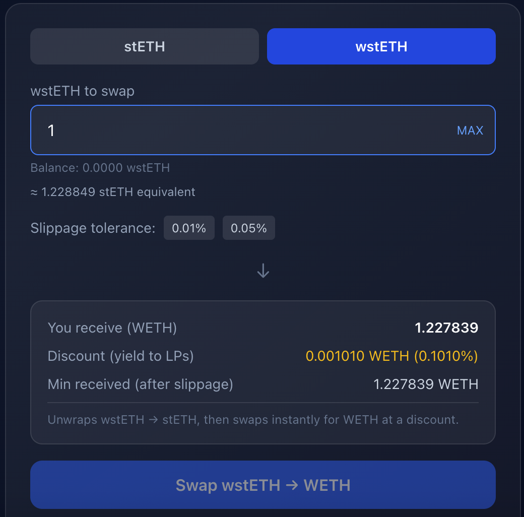 Swap tab - wstETH mode, stETH equivalent shown, confirm swap